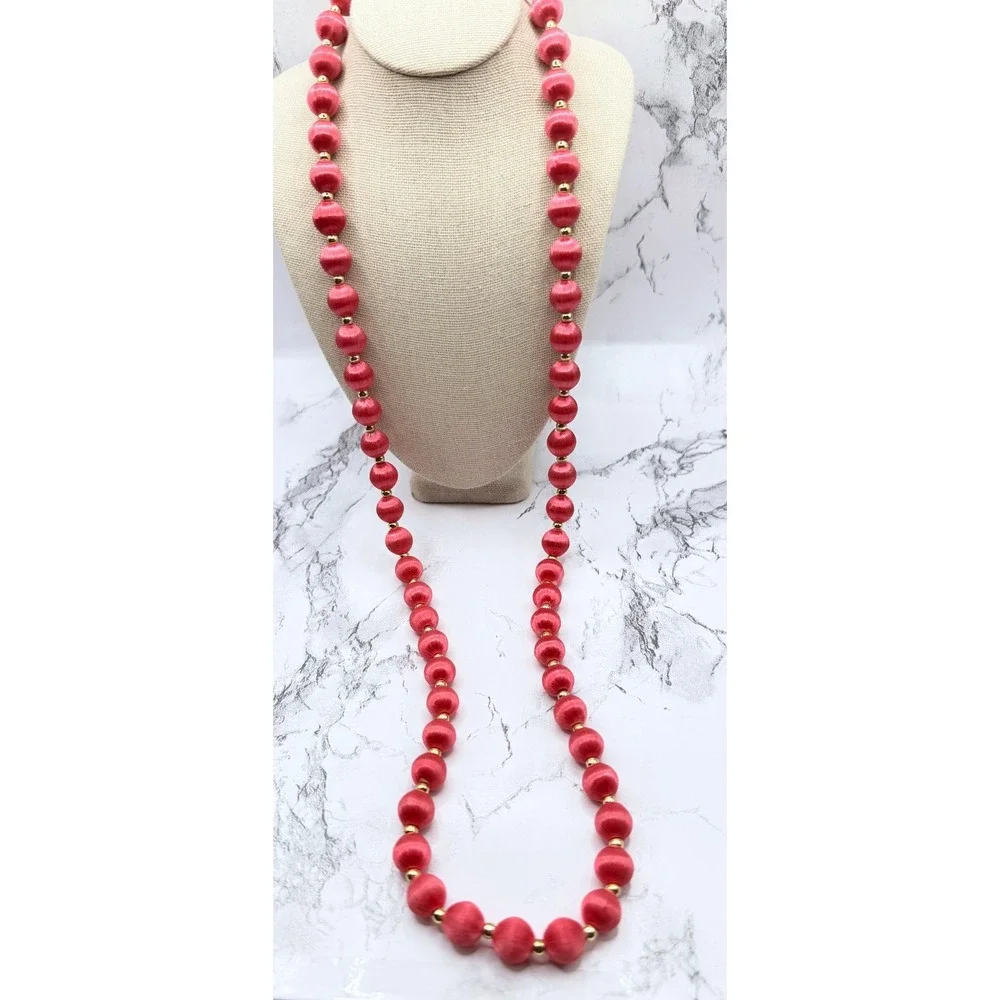 Vintage Coral Pink Fabric Wrapped Bead Necklace Gold Spacers 30